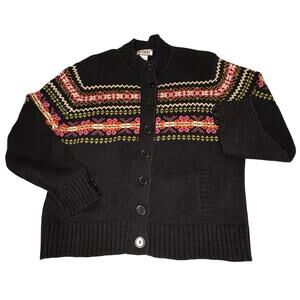 Vintage Tiara International Fair Isle Cardigan Sweater Women's L | Black Autumn